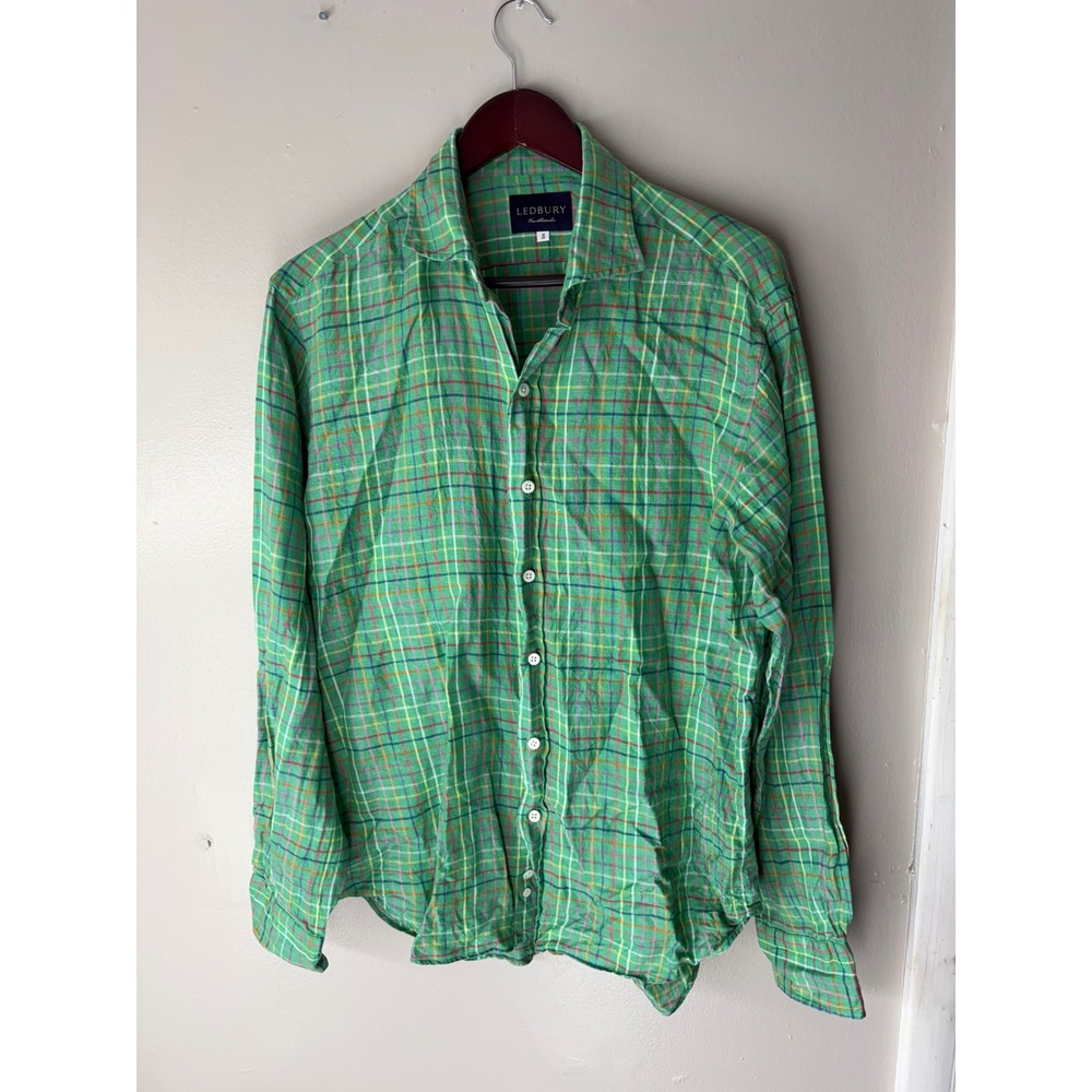 Ledbury Mens Green Plaid Button Down Shirt 16 35 Long Sleeve Spread Collar